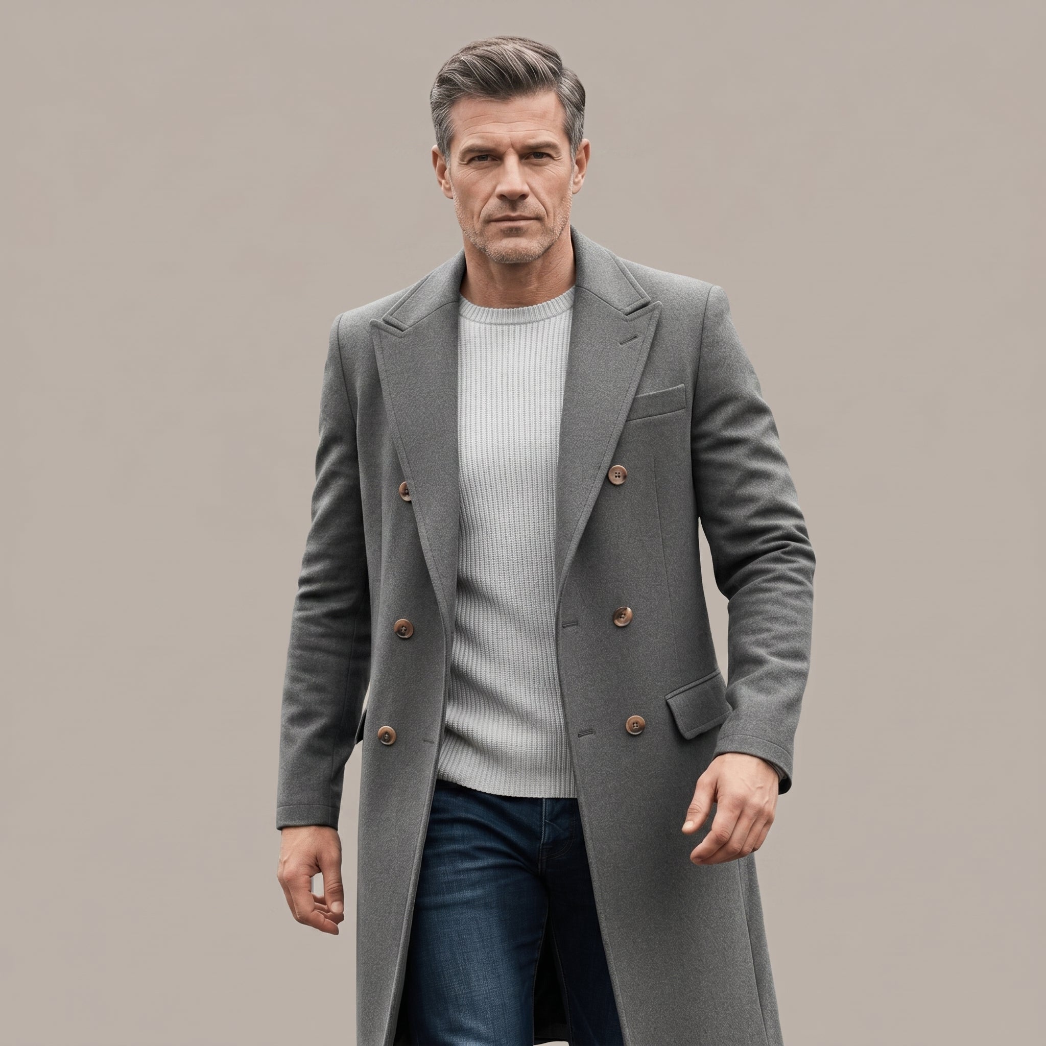 Men's Double-Breasted Long Coat – Tailored Fit with Structured Lapels for Smart Casual and Formal Wear - We are MFEO