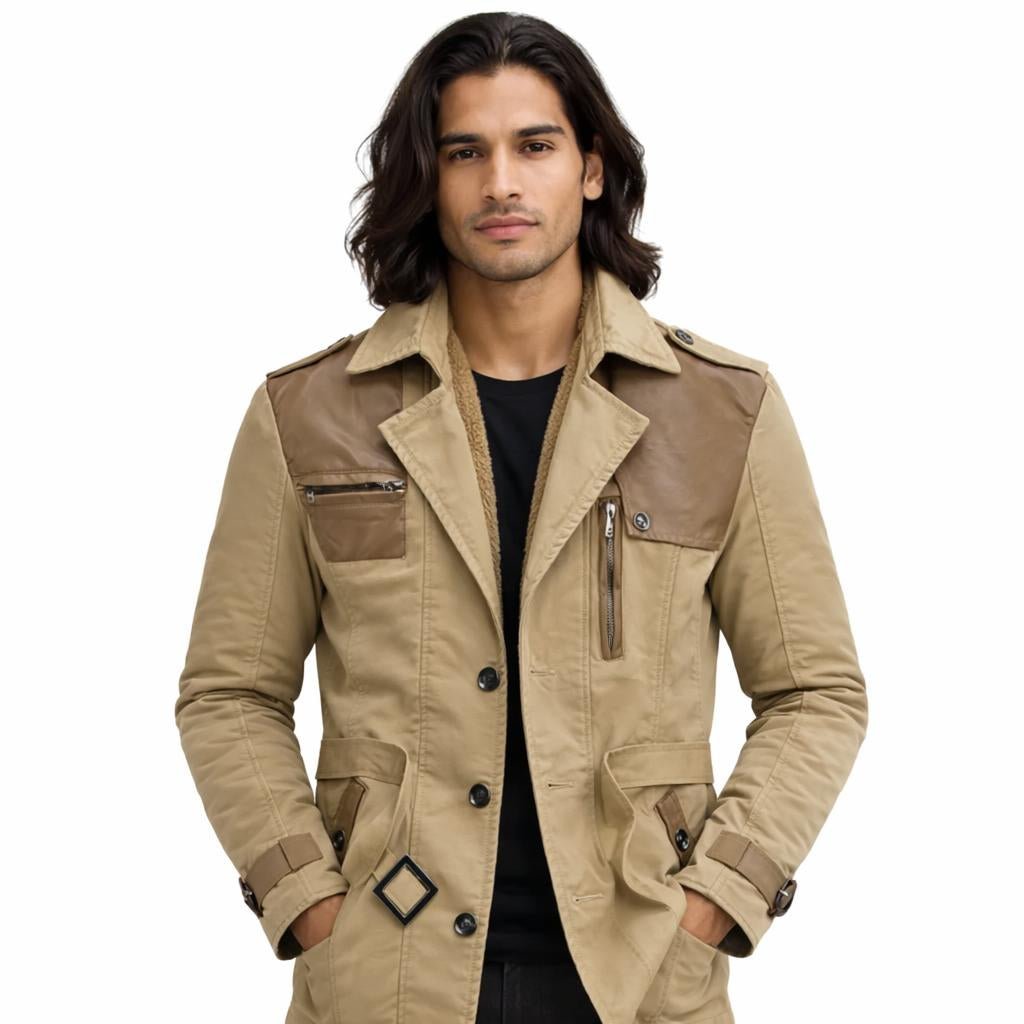 Men's Fleece-Lined Trench Coat with Button Front and Zip Pockets - We are MFEO