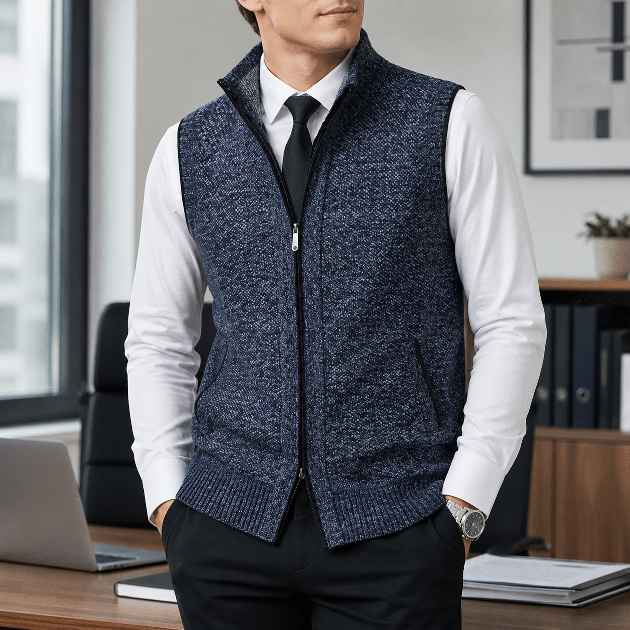 Men's Gilet for Autumn – Zip Knit Mock Neck Sweater Vest with Zipped Side Pockets - We are MFEO