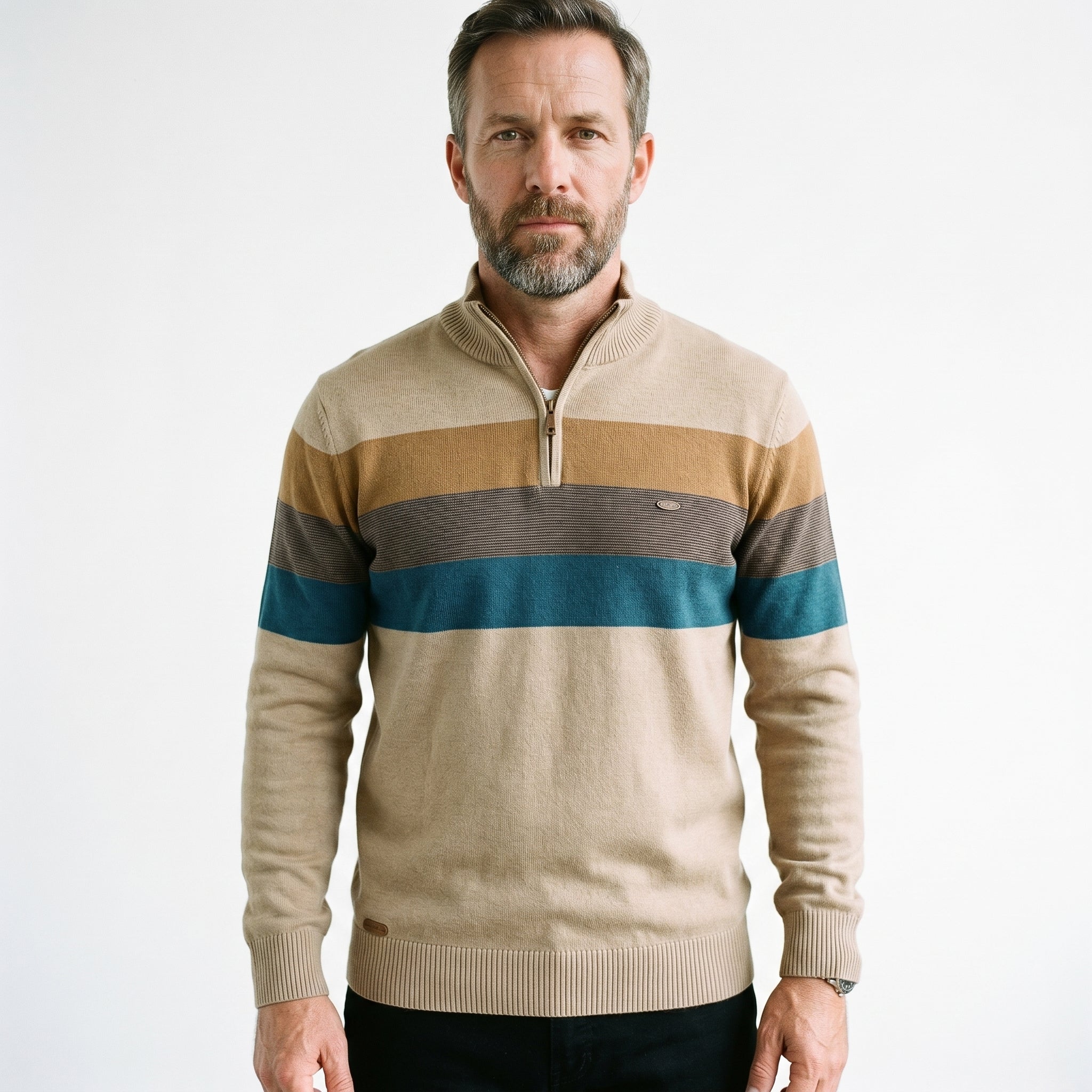 Men's Jumper with Quarter-Zip – Slim Fit Striped Knitwear for Autumn and Winter - We are MFEO