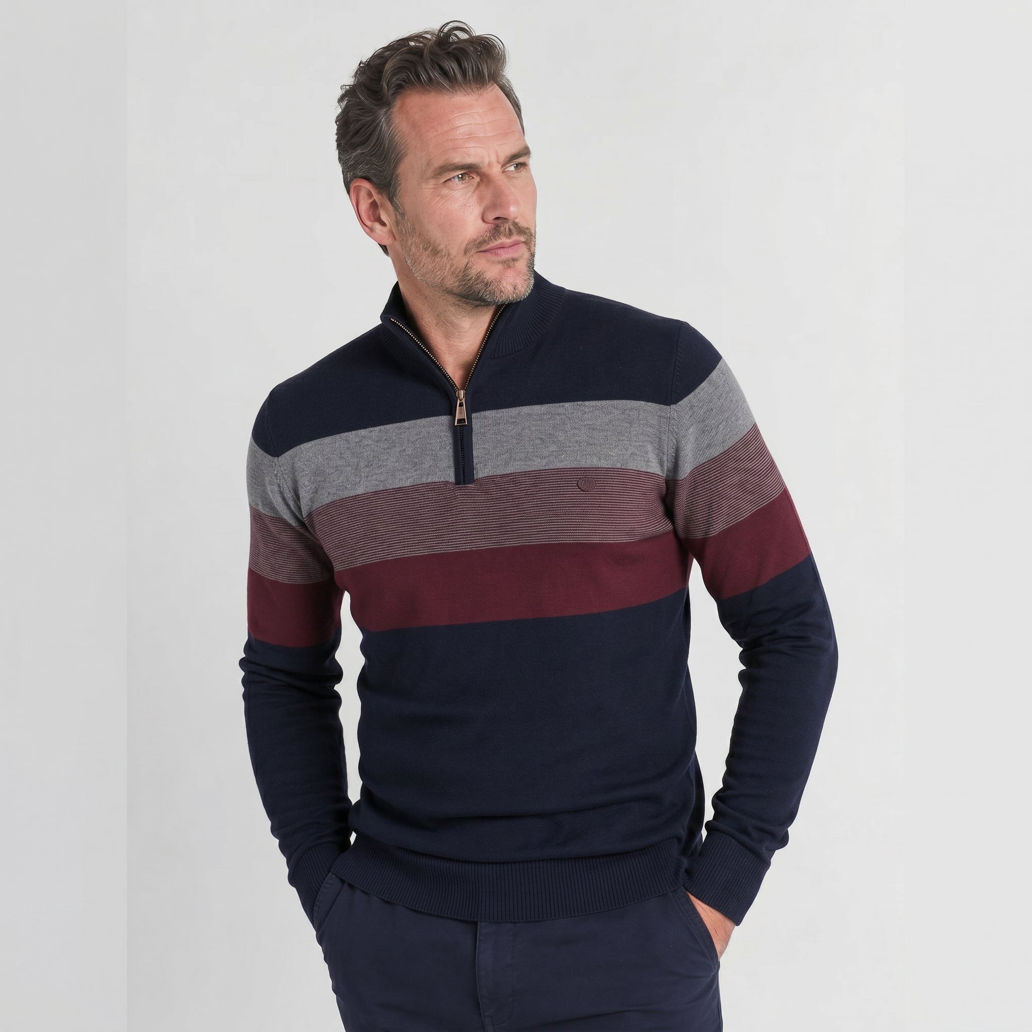 Men's Jumper with Quarter-Zip – Slim Fit Striped Knitwear for Autumn and Winter - We are MFEO