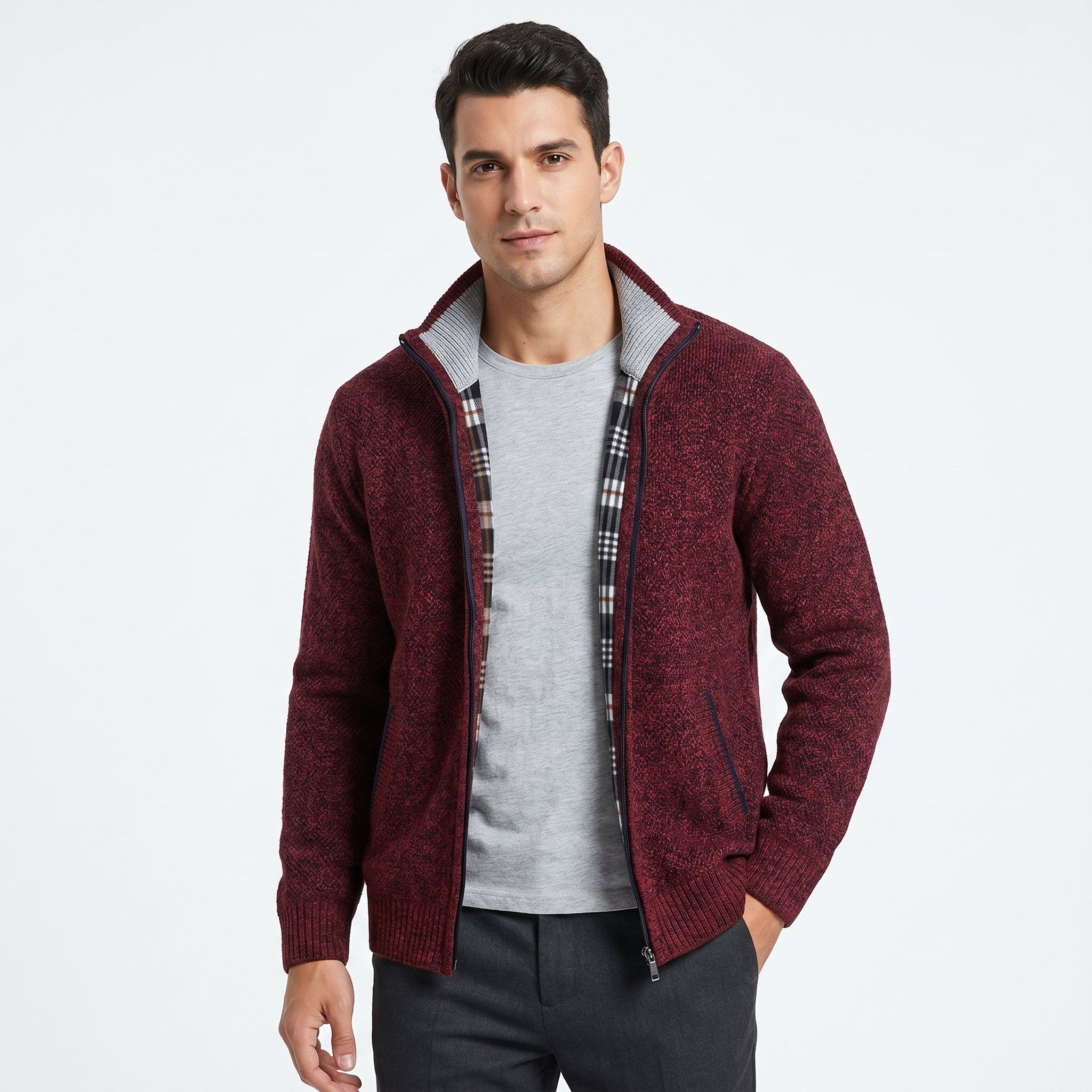 Men's Knitted Cardigan Sweater with Mock Neck – Full-Length Zip and Front Pockets - We are MFEO