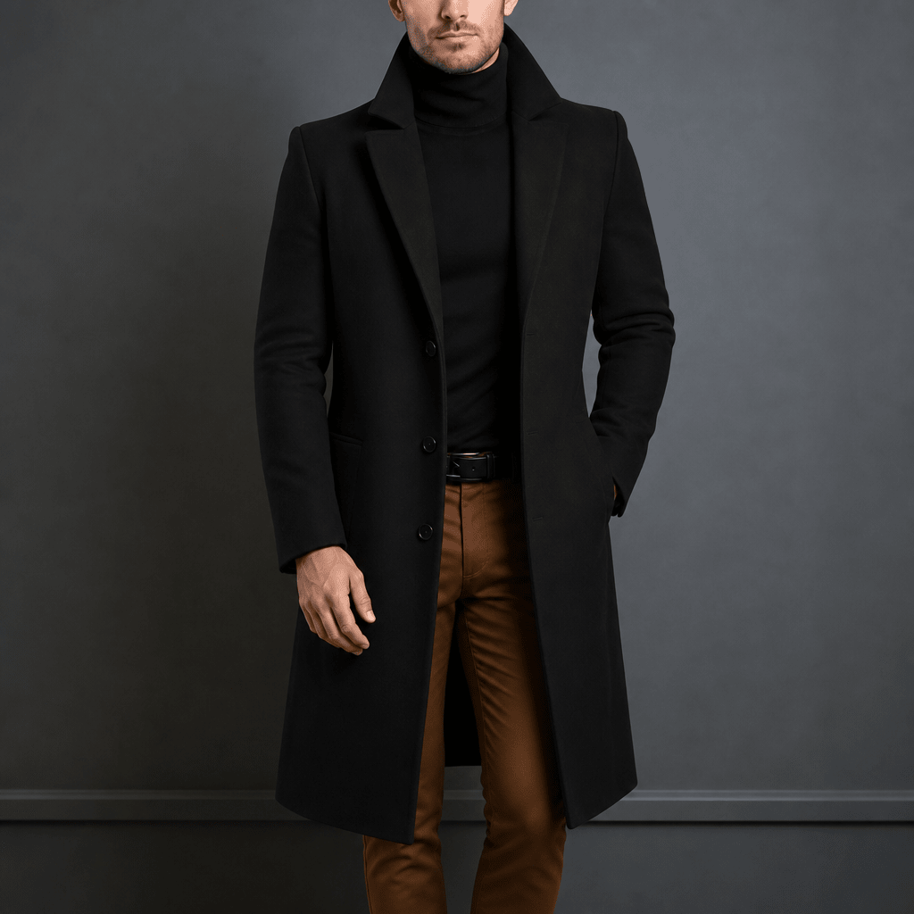 Men's Long Overcoat – Slim Fit Wool Coat with Notched Lapel for Winter - We are MFEO