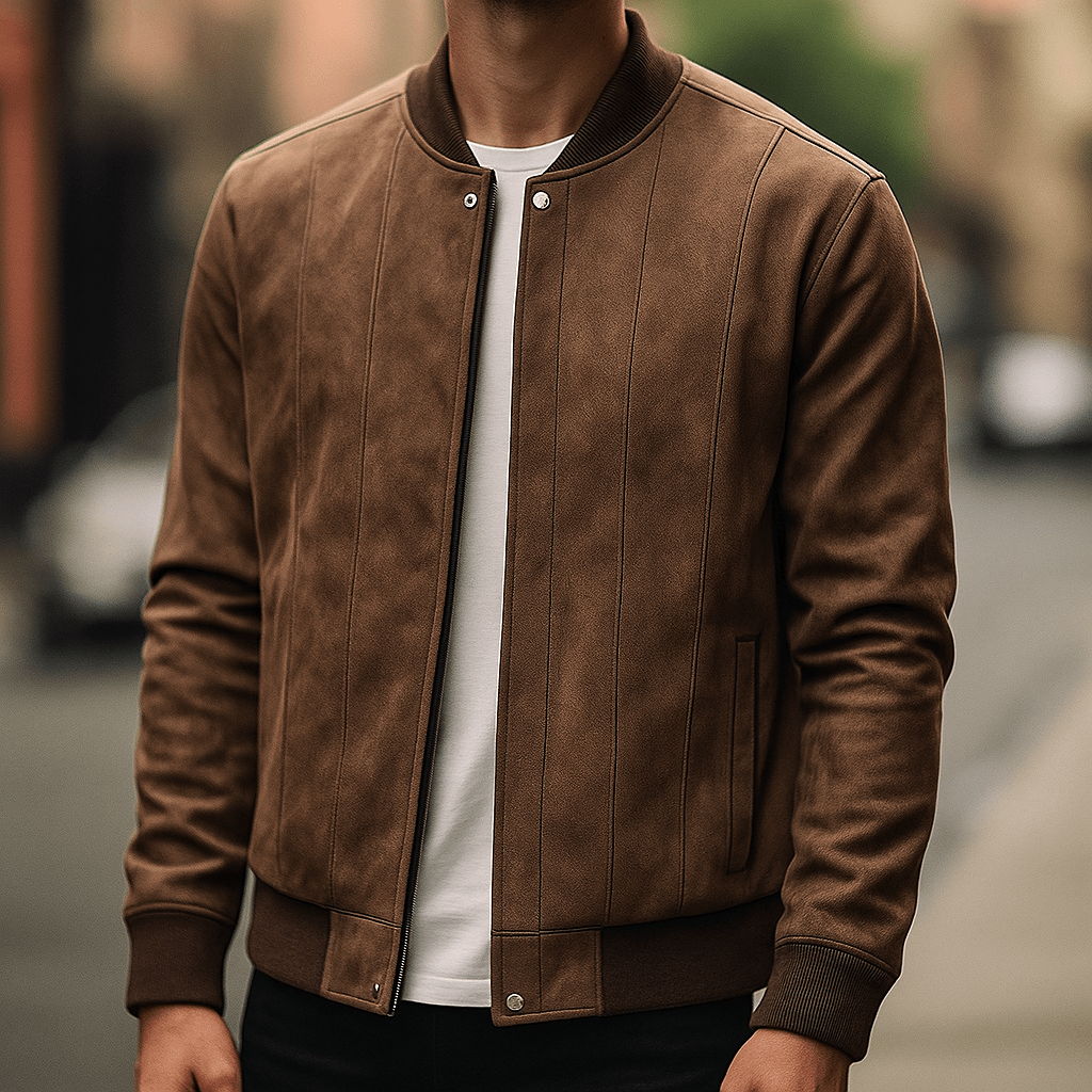 Men's Suede Bomber Jacket – Ribbed Collar, Vertical Panel Seaming - We are MFEO