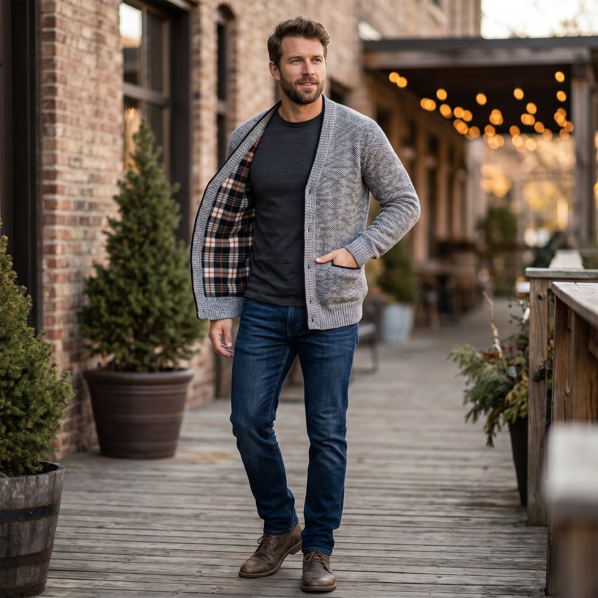 Men's V-Neck Cardigan with Plaid Lining – Button-Up with Side Pockets - We are MFEO