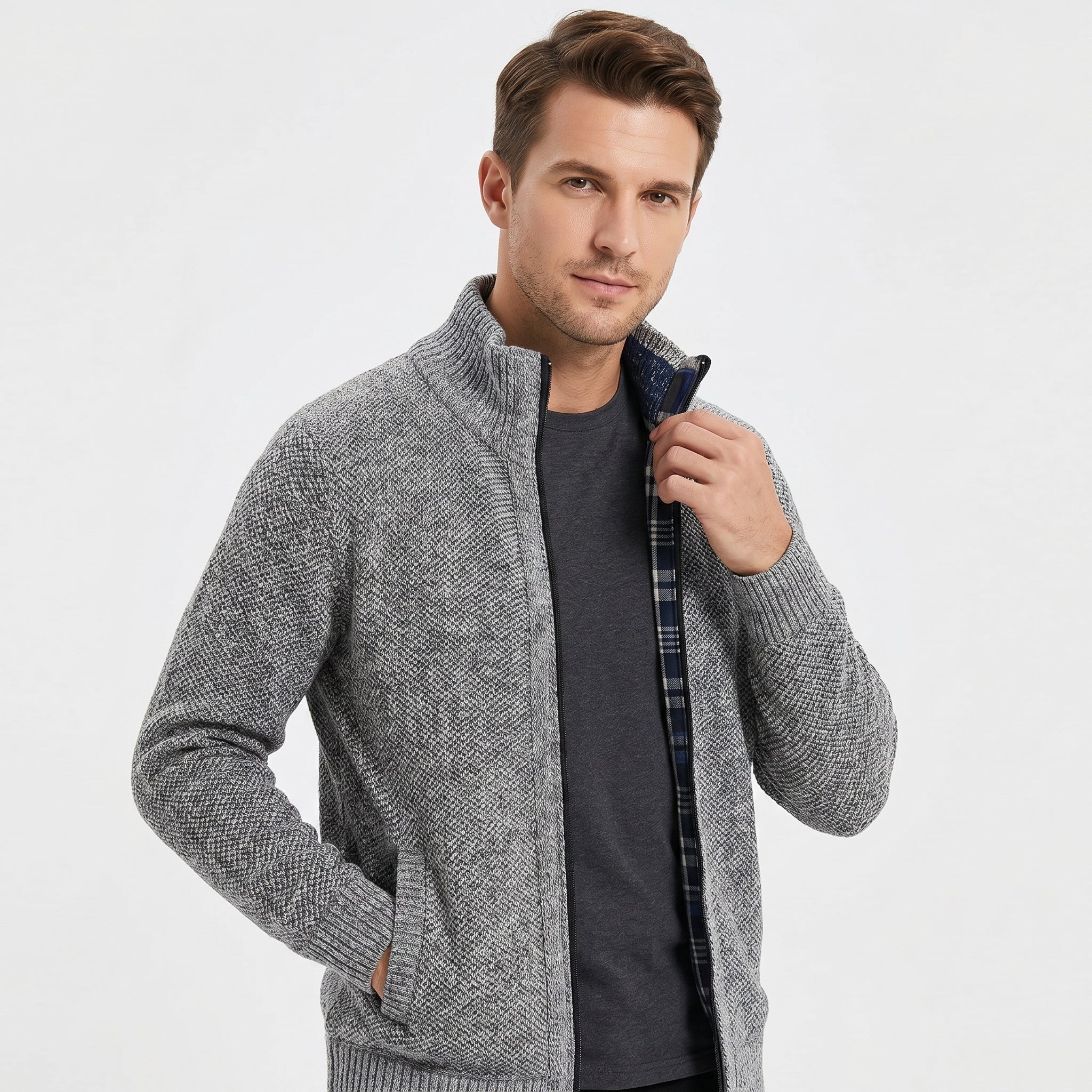 Men's Zip-Up Cardigan with Mock Neck – Knitted Texture and Contrast Trim - We are MFEO