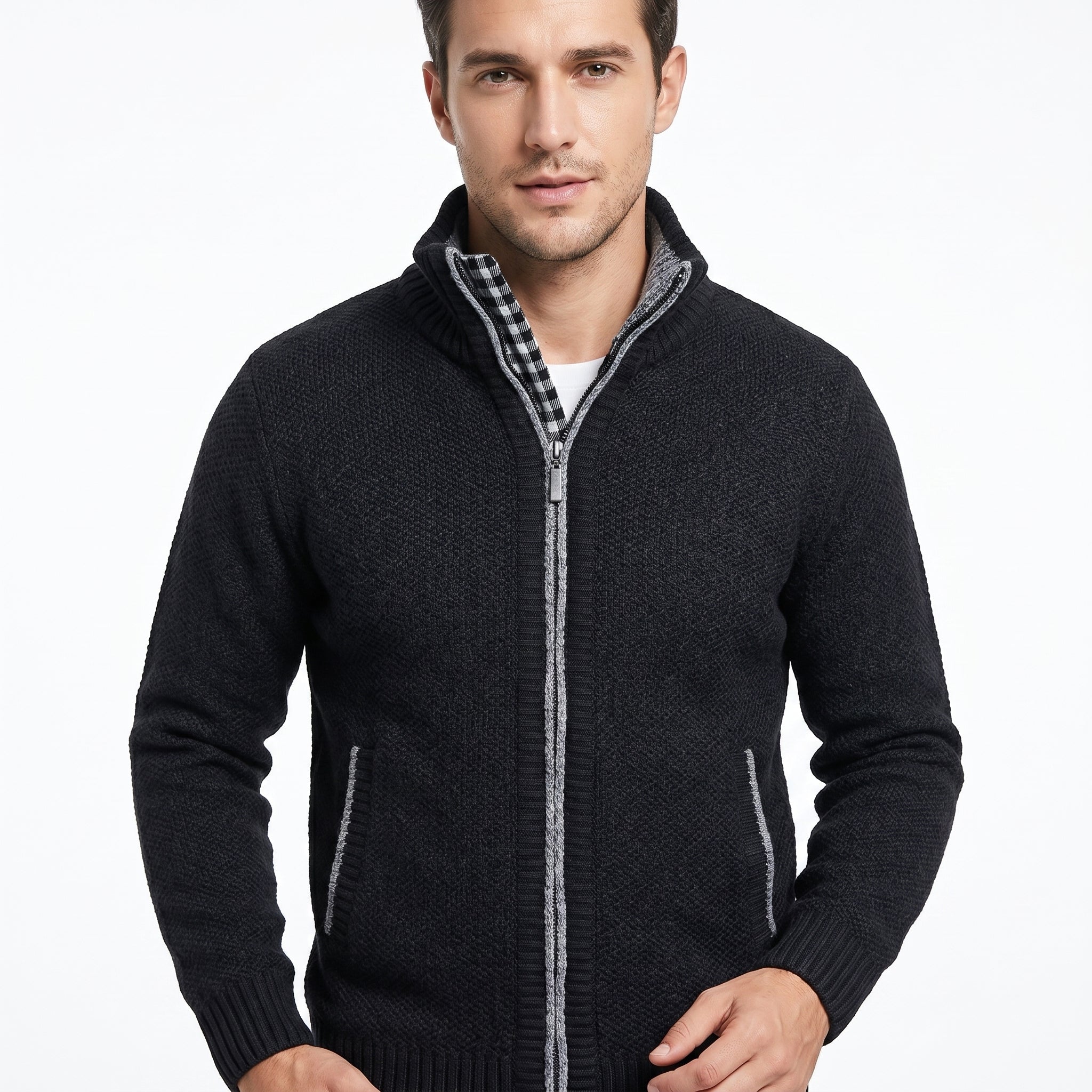 Men's Zip-Up Cardigan with Mock Neck – Knitted Texture and Contrast Trim - We are MFEO