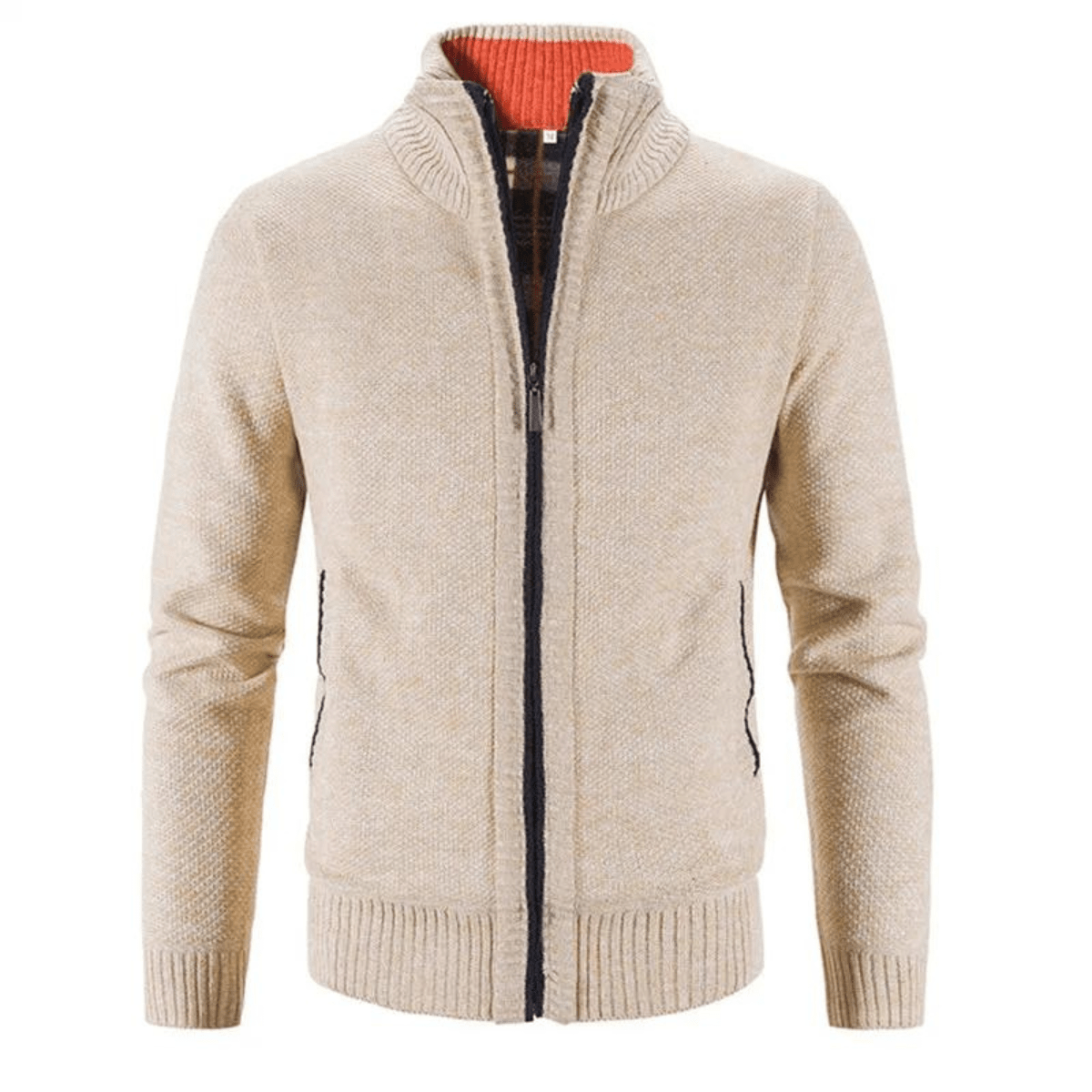 Men's Zip - Up Cardigan with Mock Neck – Knitted Texture and Contrast Trim - We are MFEO