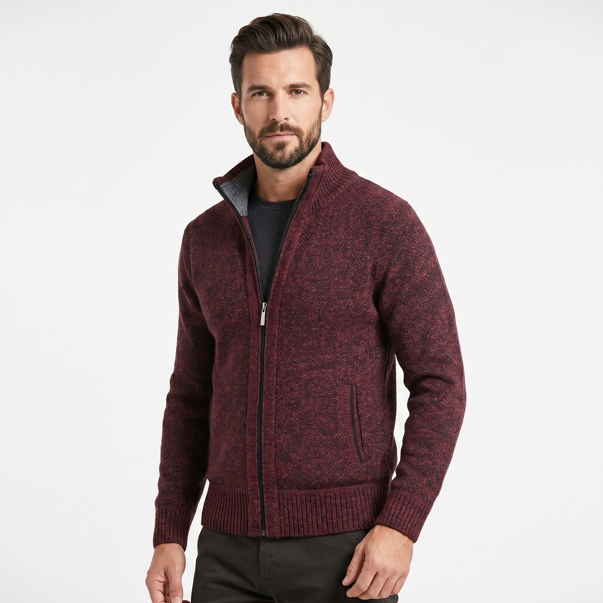 Men's Zip-Up Cardigan with Mock Neck – Knitted Texture and Contrast Trim - We are MFEO
