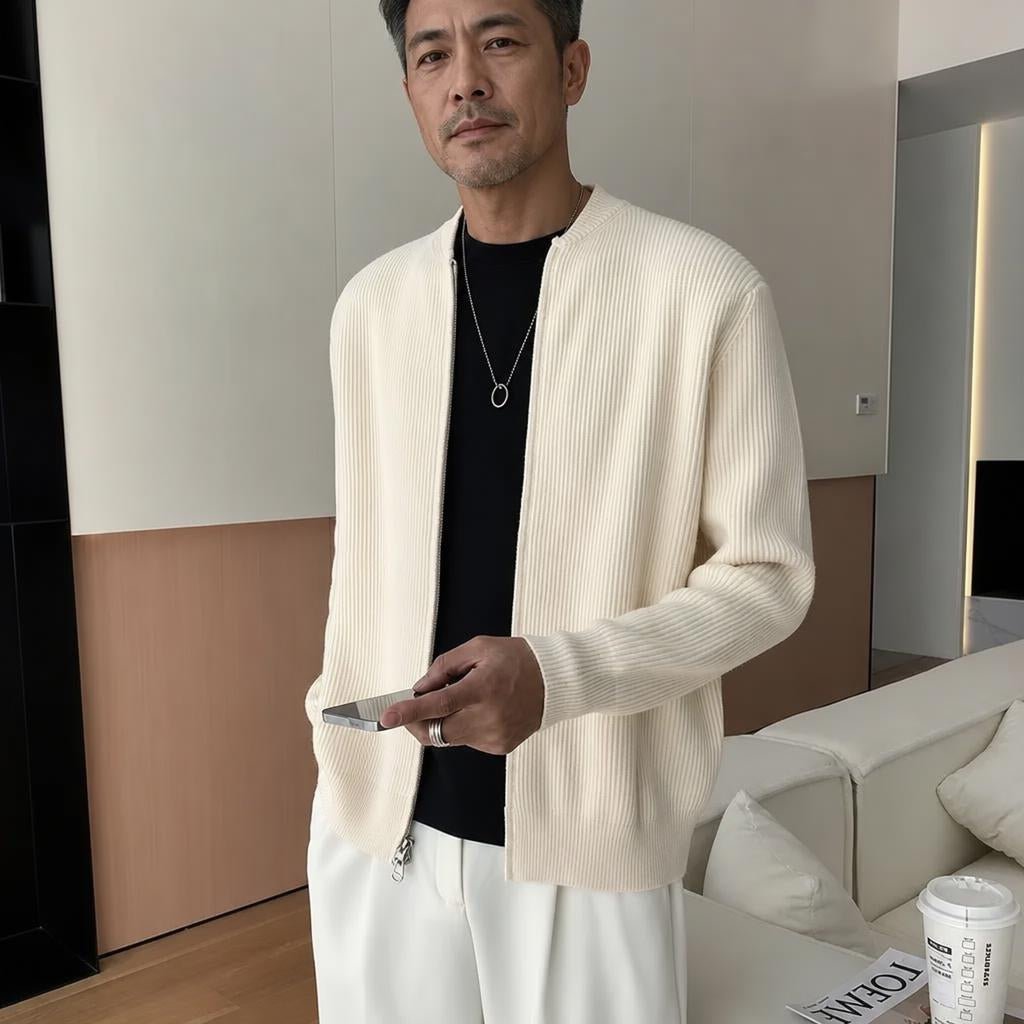 Men's Zip Up Ribbed Cardigan – Comfortable Relaxed Fit with Stand Collar - We are MFEO