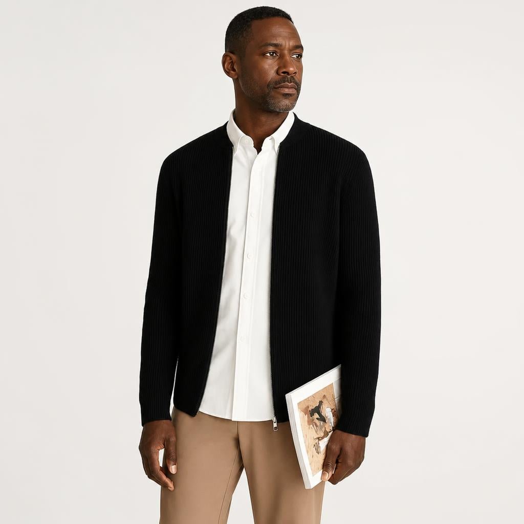 Men's Zip Up Ribbed Cardigan – Comfortable Relaxed Fit with Stand Collar - We are MFEO