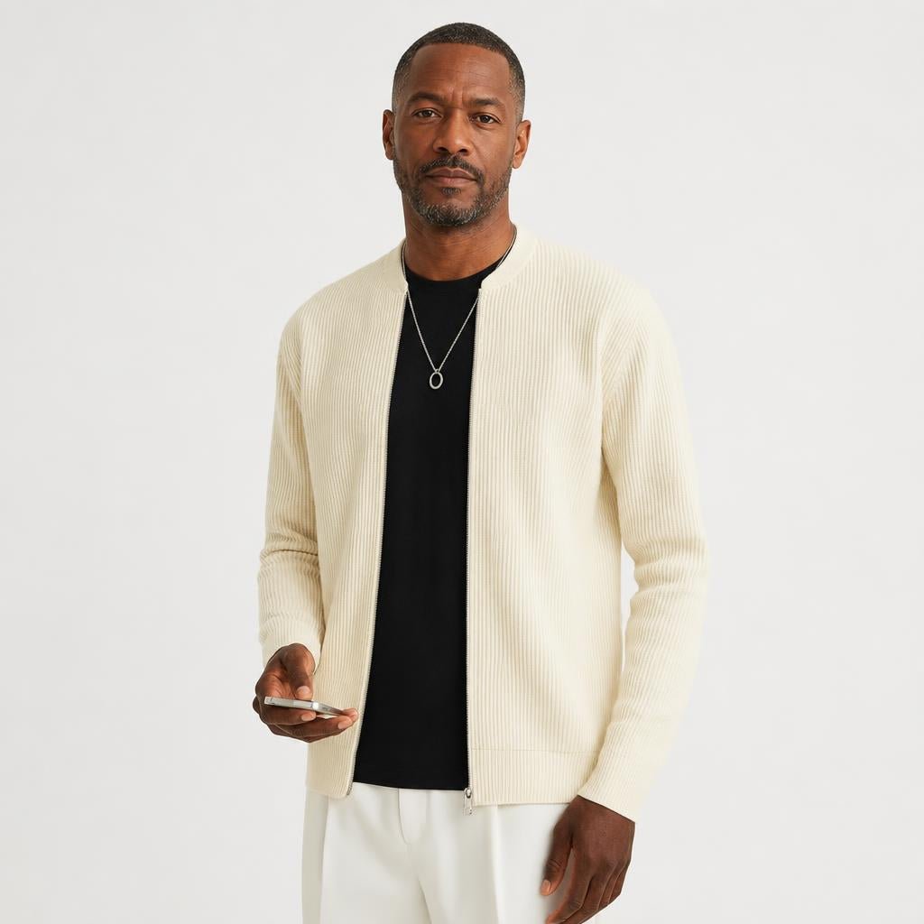 Men's Zip Up Ribbed Cardigan – Comfortable Relaxed Fit with Stand Collar - We are MFEO