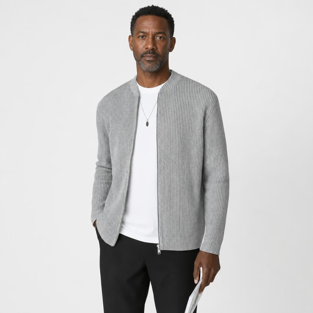 Men's Zip Up Ribbed Cardigan – Comfortable Relaxed Fit with Stand Collar - We are MFEO