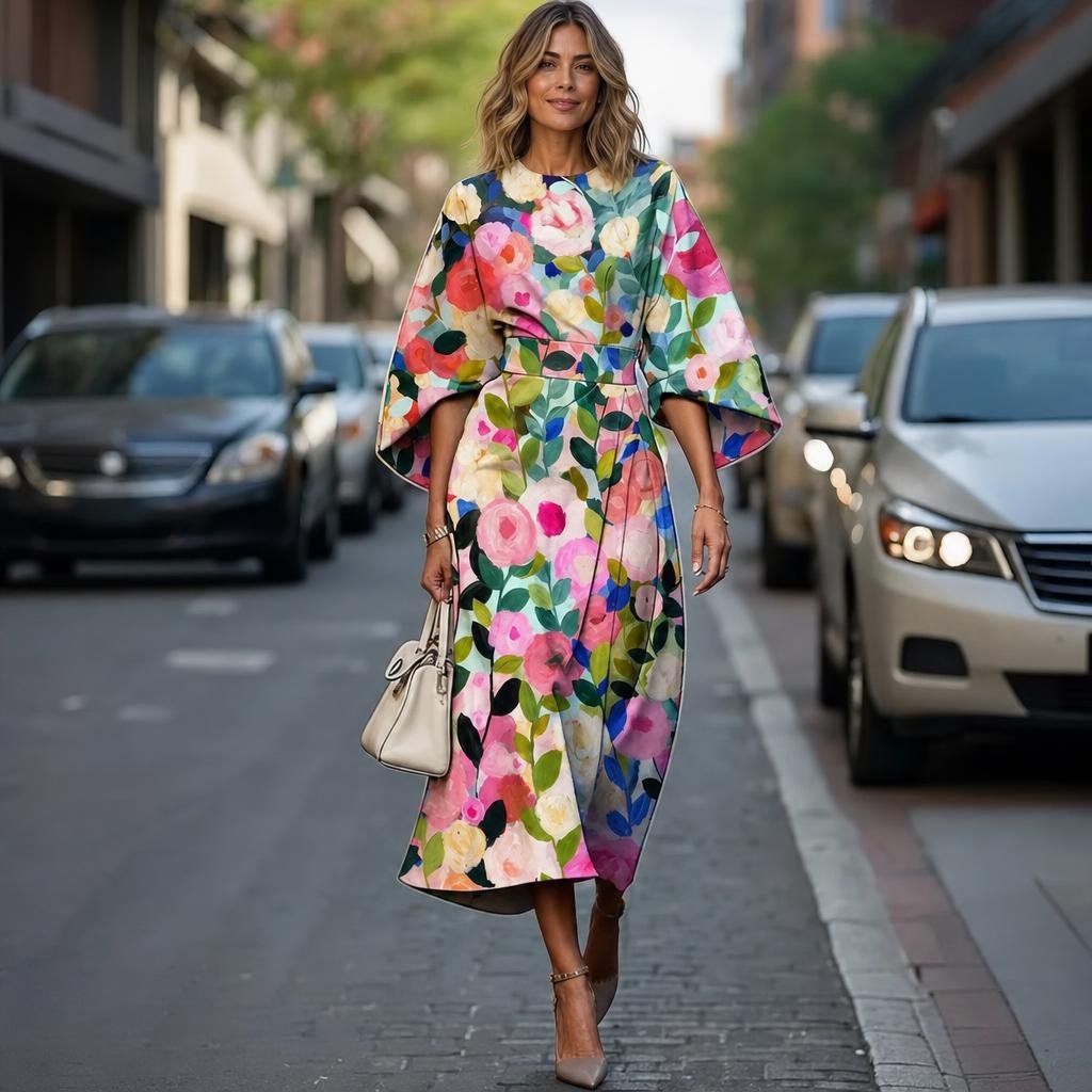 Midi Dress with Batwing Sleeves – Abstract Stripe Print - We are MFEO