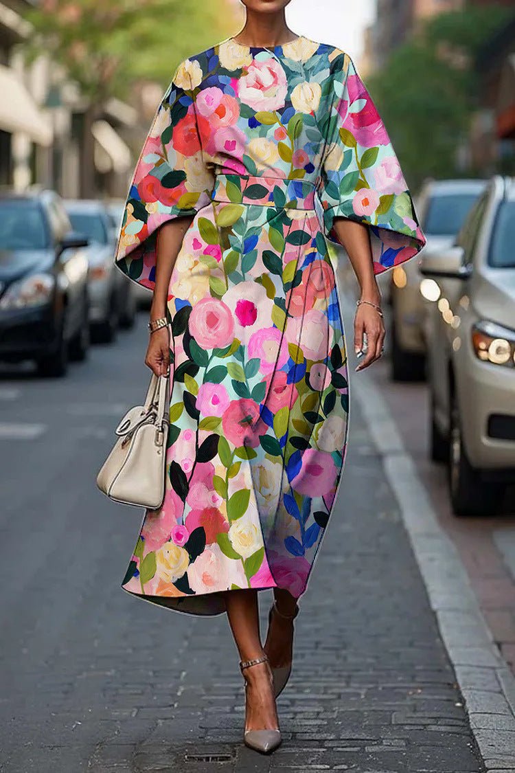 Midi Dress with Batwing Sleeves – Abstract Stripe Print - We are MFEO