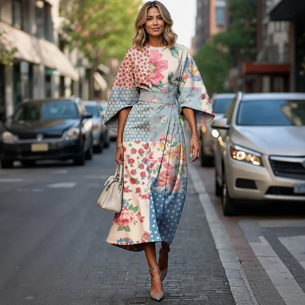 Midi Dress with Batwing Sleeves – Abstract Stripe Print - We are MFEO