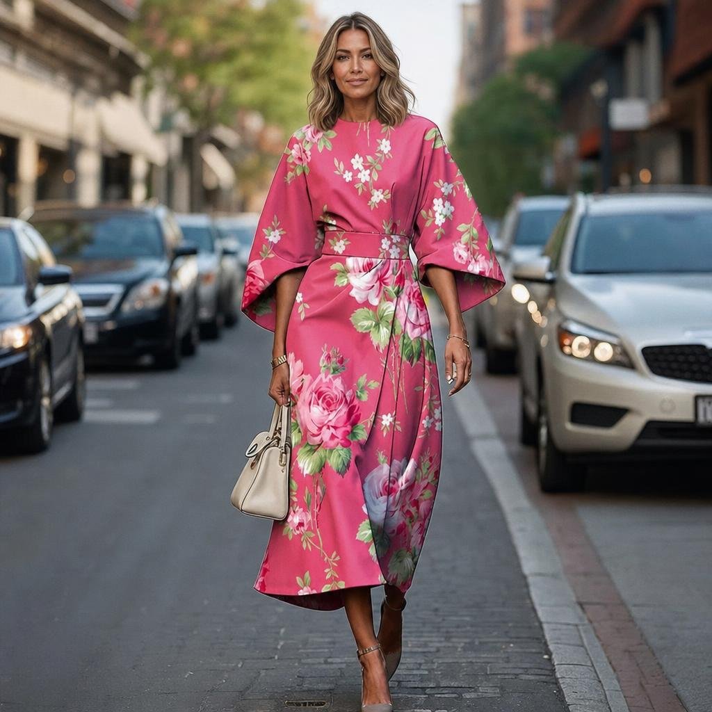 Midi Dress with Batwing Sleeves – Abstract Stripe Print - We are MFEO