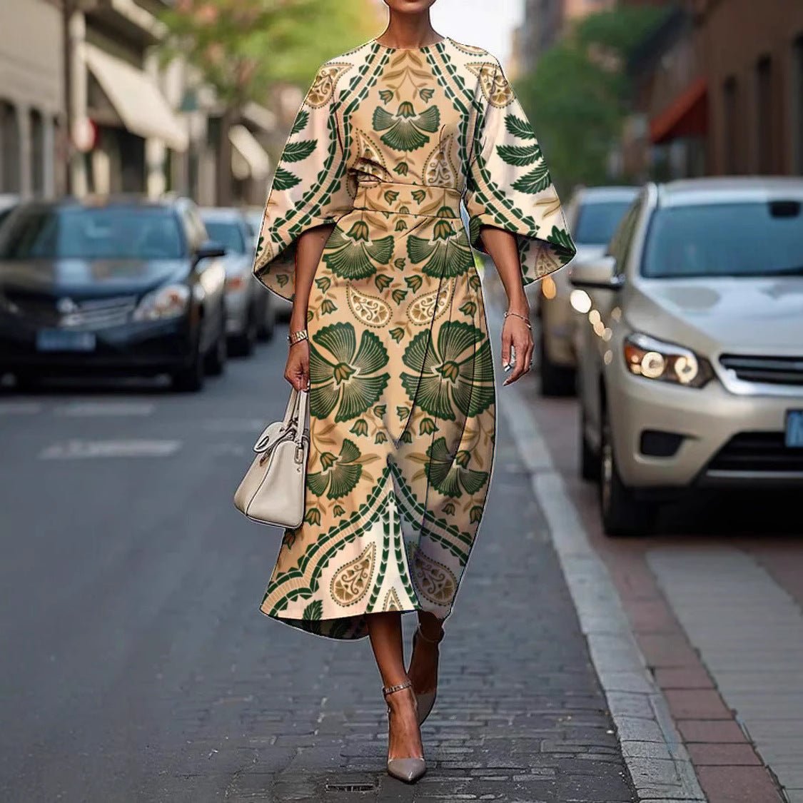 Midi Dress with Batwing Sleeves – Abstract Stripe Print - We are MFEO