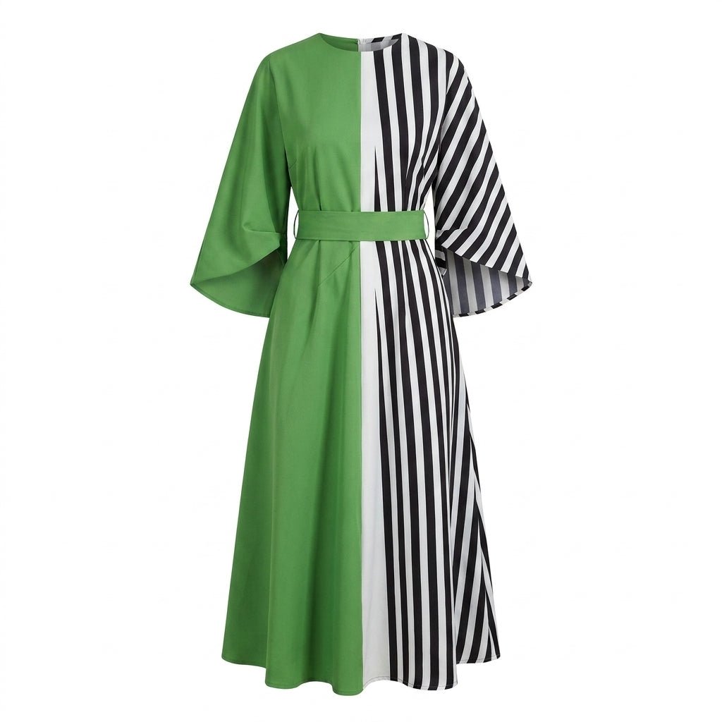 Midi Dress with Batwing Sleeves – Abstract Stripe Print - We are MFEO