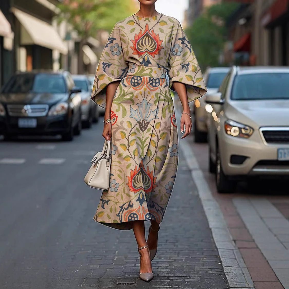 Midi Dress with Batwing Sleeves – Abstract Stripe Print - We are MFEO