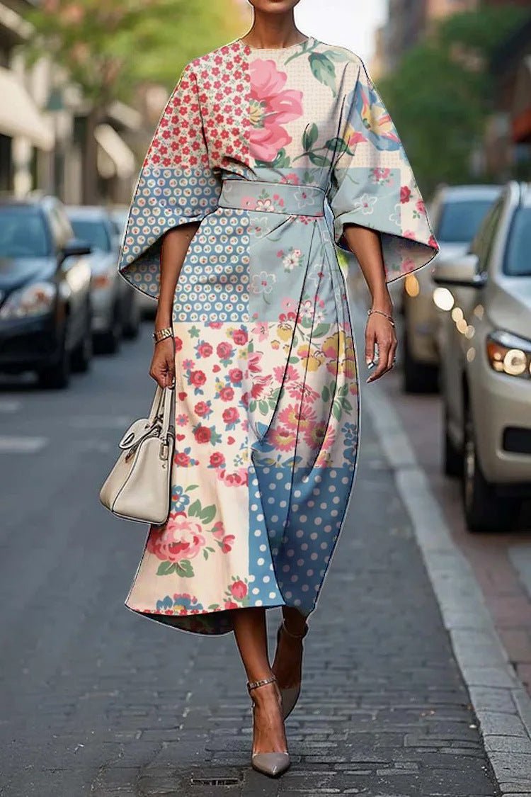 Midi Dress with Batwing Sleeves – Abstract Stripe Print - We are MFEO