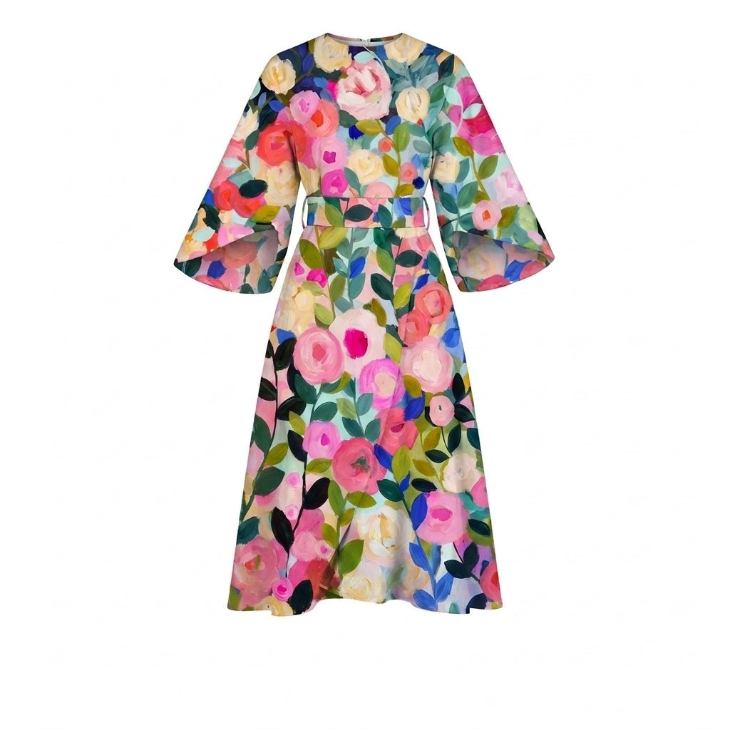 Midi Dress with Batwing Sleeves – Abstract Stripe Print - We are MFEO