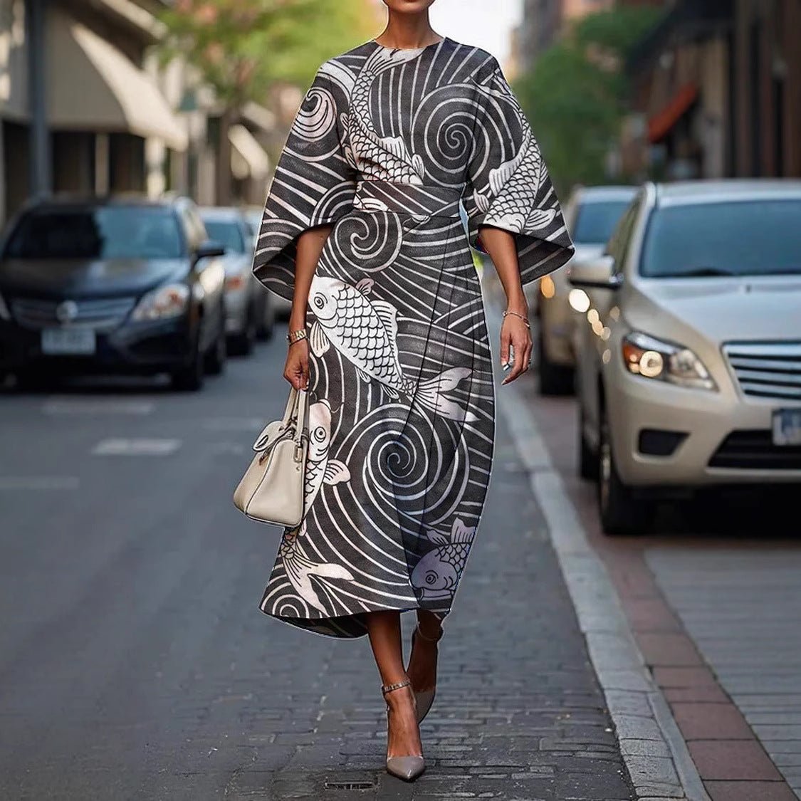 Midi Dress with Batwing Sleeves – Abstract Stripe Print - We are MFEO
