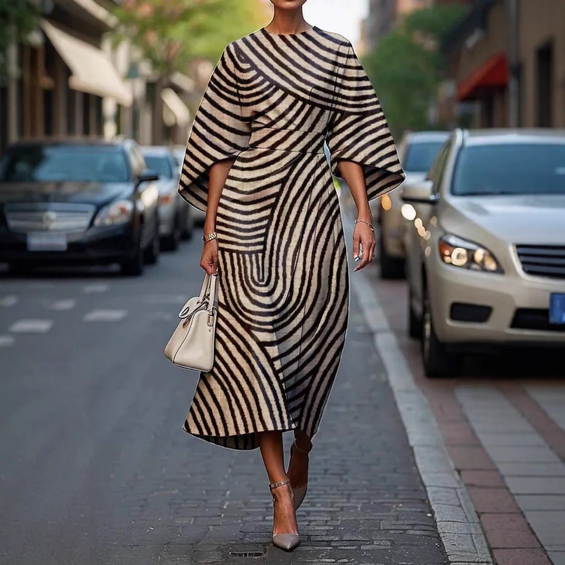 Midi Dress with Batwing Sleeves – Abstract Stripe Print - We are MFEO