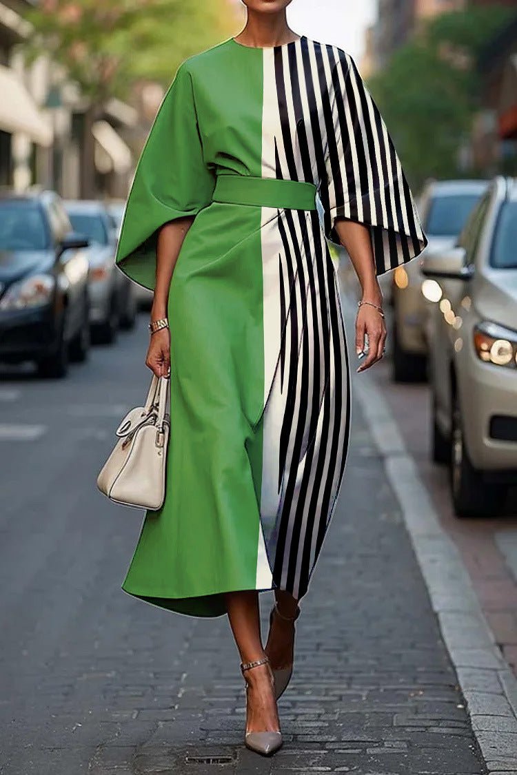 Midi Dress with Batwing Sleeves – Abstract Stripe Print - We are MFEO