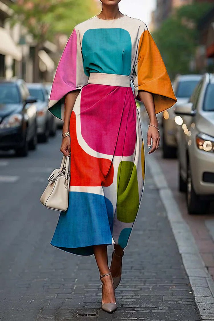Midi Dress with Batwing Sleeves – Abstract Stripe Print - We are MFEO