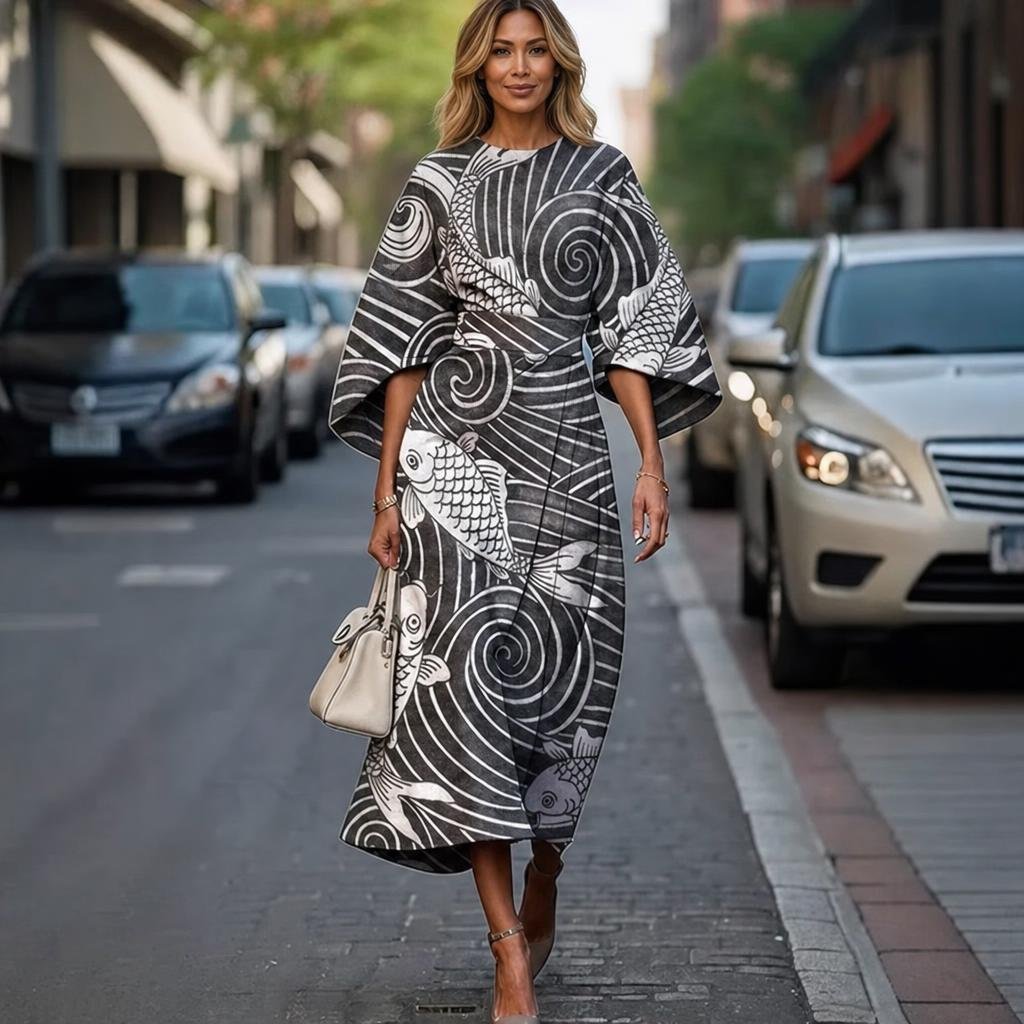 Midi Dress with Batwing Sleeves – Abstract Stripe Print - We are MFEO