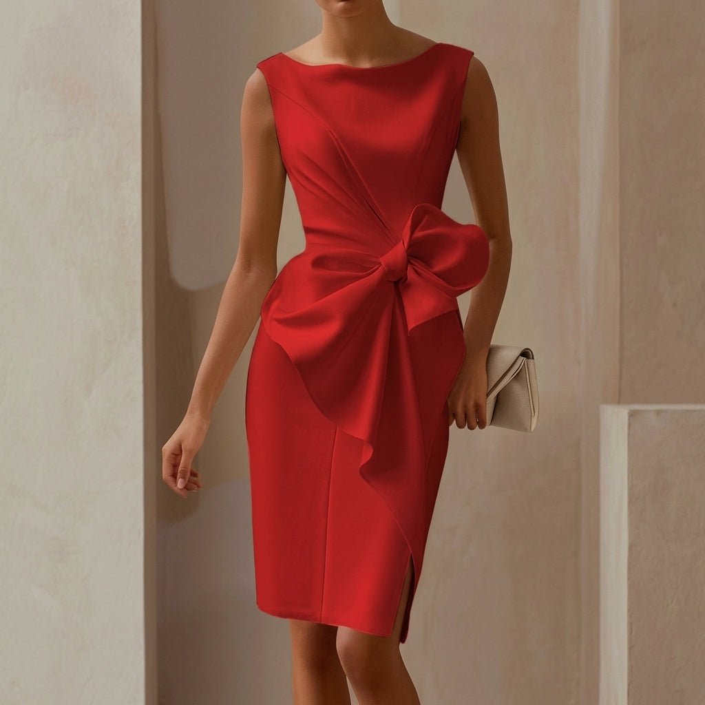 Midi Sheath Cocktail Dress with Bow – Sleeveless, High Waist, Front Slit for Parties - We are MFEO