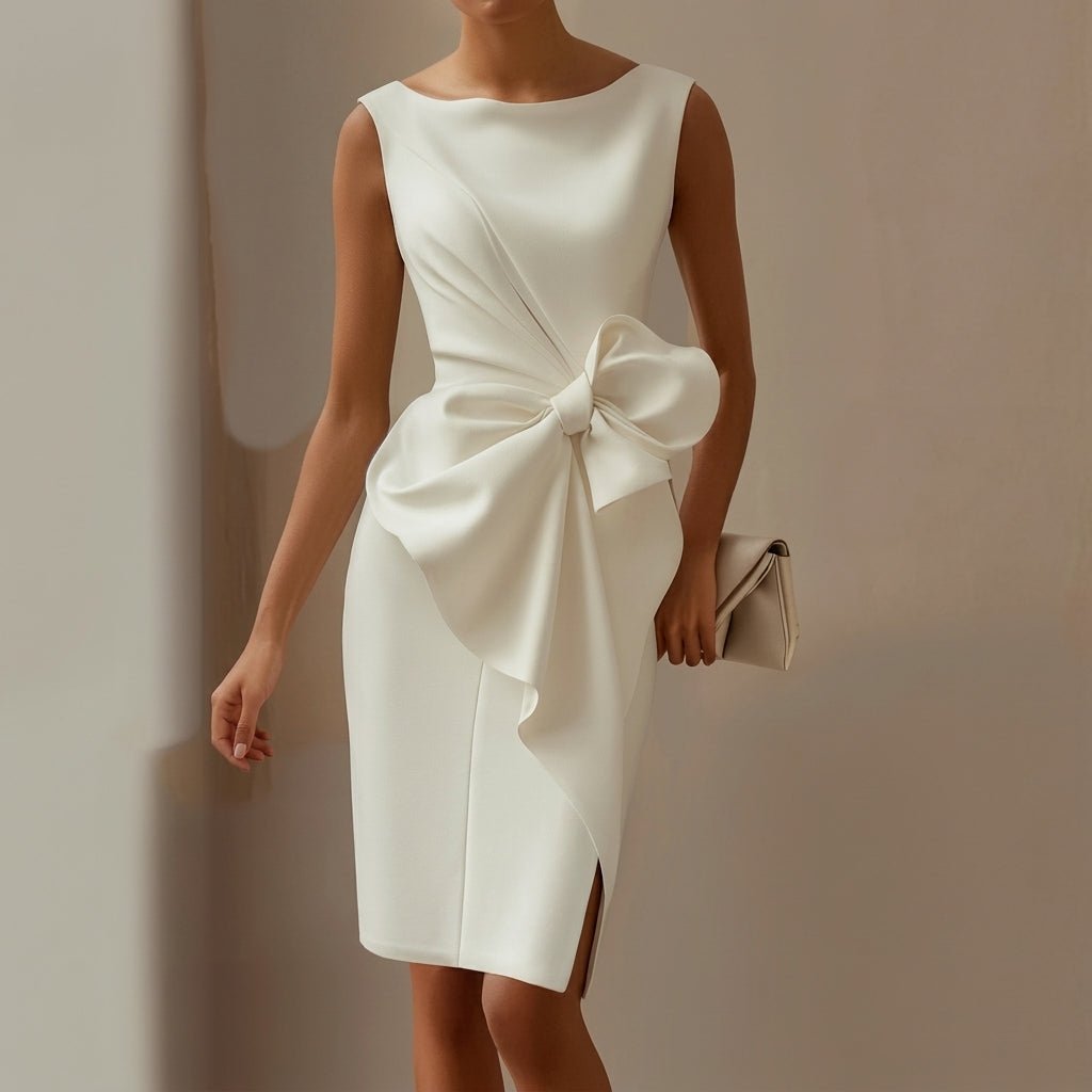 Midi Sheath Cocktail Dress with Bow – Sleeveless, High Waist, Front Slit for Parties - We are MFEO