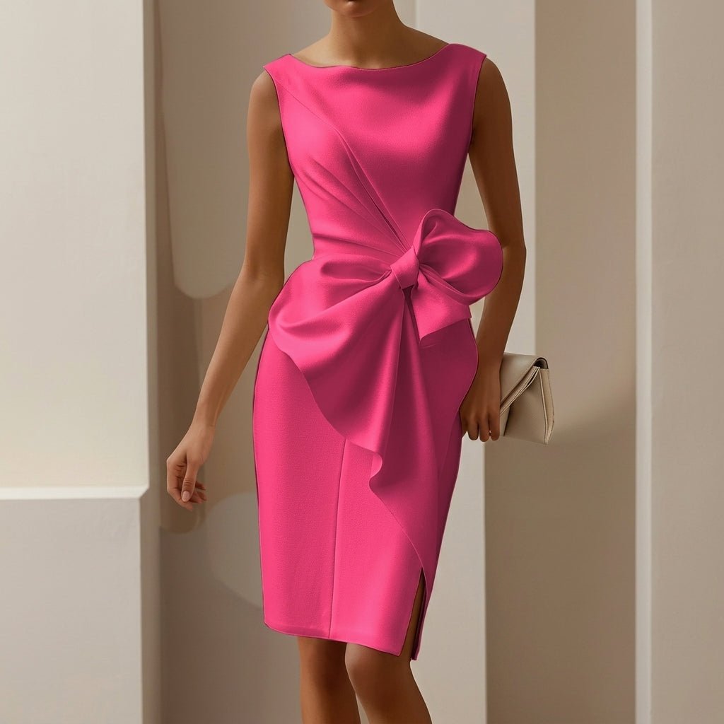 Midi Sheath Cocktail Dress with Bow – Sleeveless, High Waist, Front Slit for Parties - We are MFEO