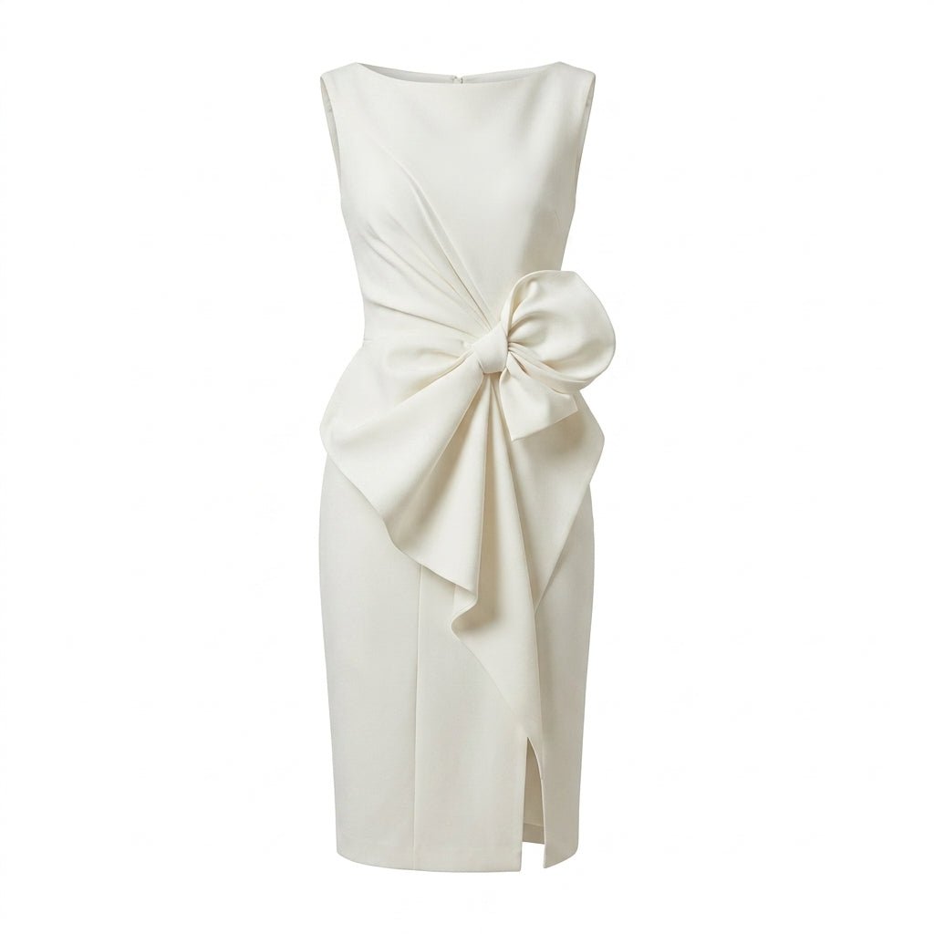 Midi Sheath Cocktail Dress with Bow – Sleeveless, High Waist, Front Slit for Parties - We are MFEO