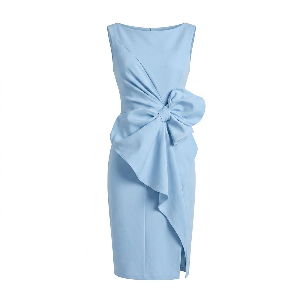 Midi Sheath Cocktail Dress with Bow – Sleeveless, High Waist, Front Slit for Parties - We are MFEO