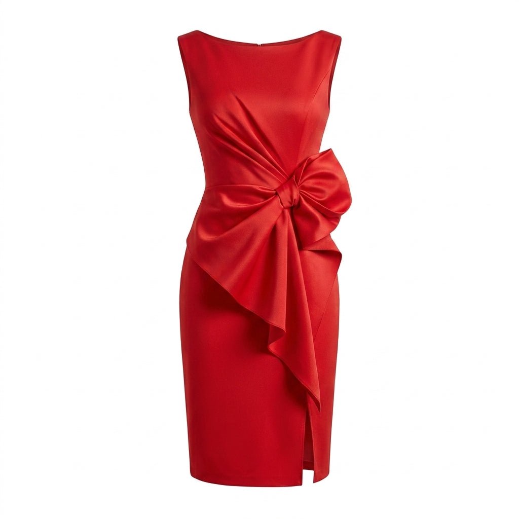 Midi Sheath Cocktail Dress with Bow – Sleeveless, High Waist, Front Slit for Parties - We are MFEO