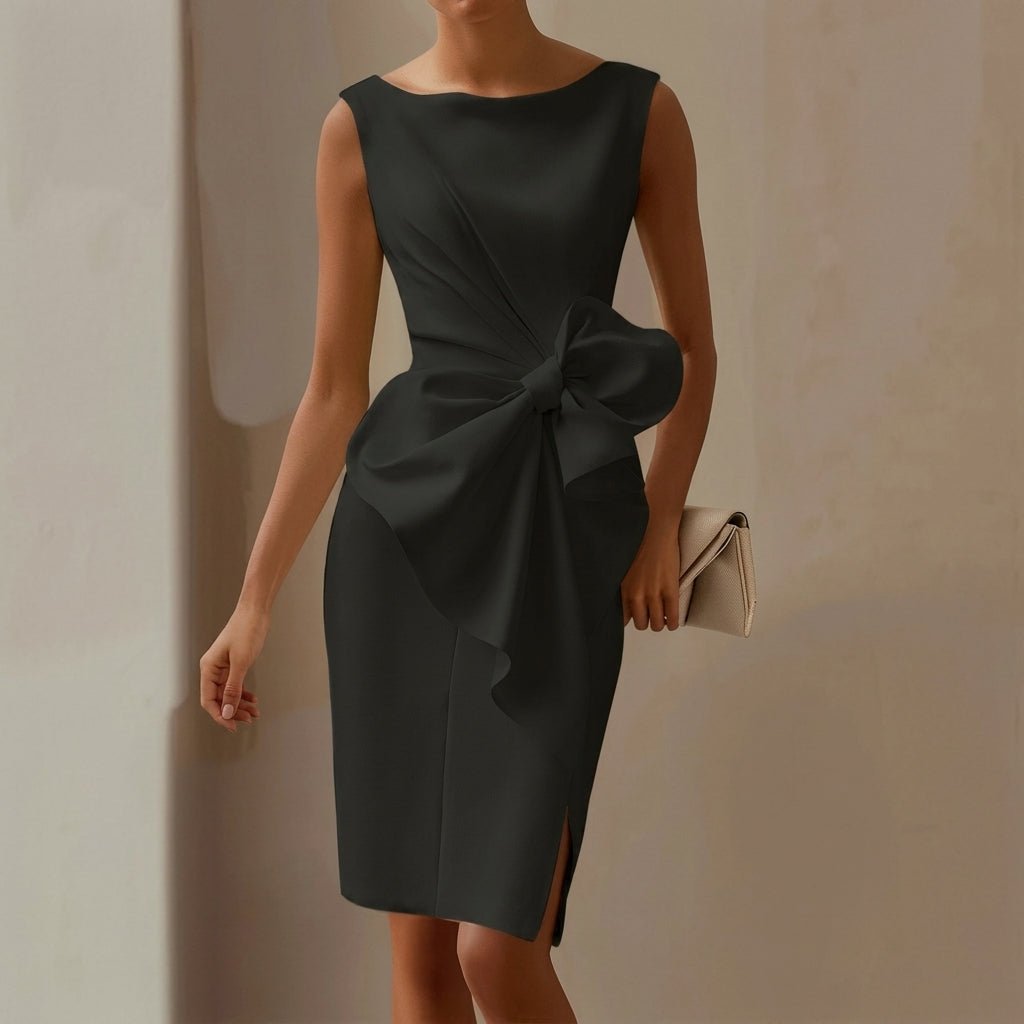 Midi Sheath Cocktail Dress with Bow – Sleeveless, High Waist, Front Slit for Parties - We are MFEO