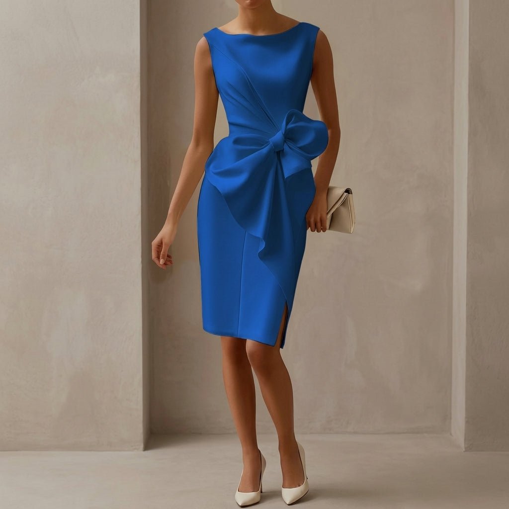 Midi Sheath Cocktail Dress with Bow – Sleeveless, High Waist, Front Slit for Parties - We are MFEO