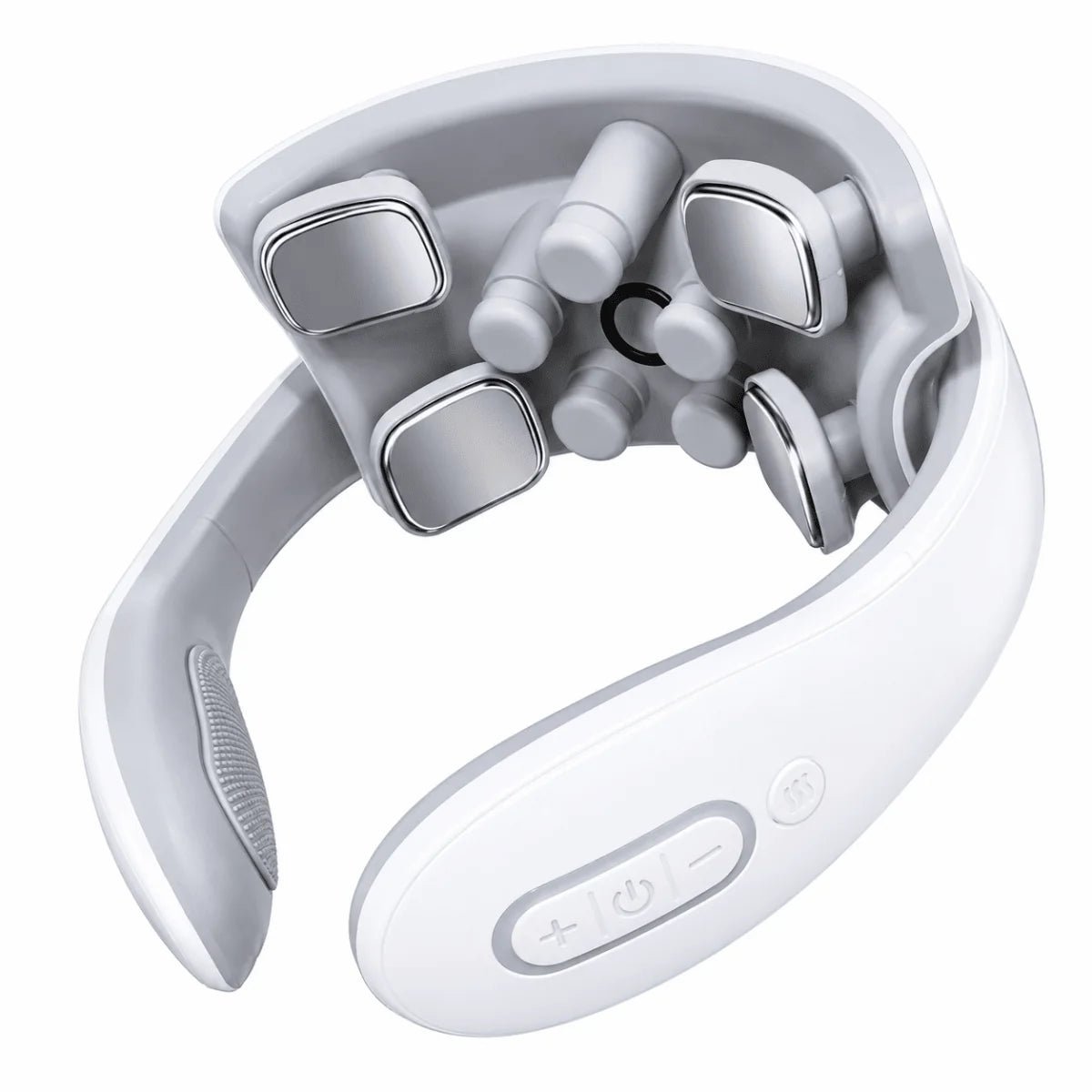 A white wireless neck and shoulder massager featuring metallic contact pads and control buttons for heat and intensity.