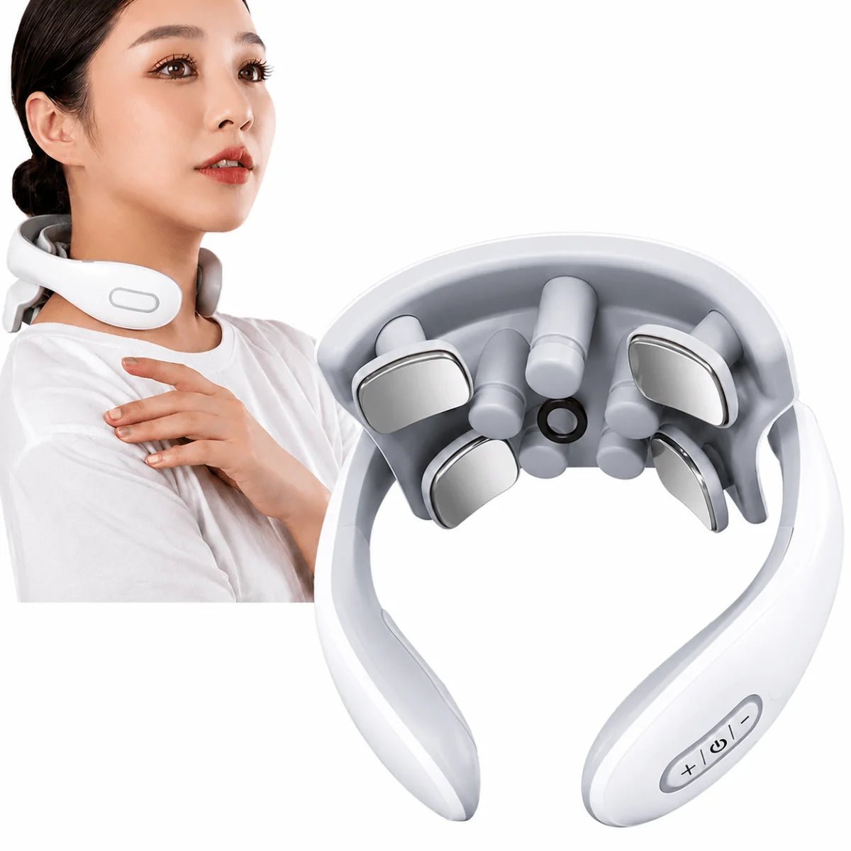 A woman wearing a white wireless neck massager, with a close-up view of the device showing its metal contact pads.