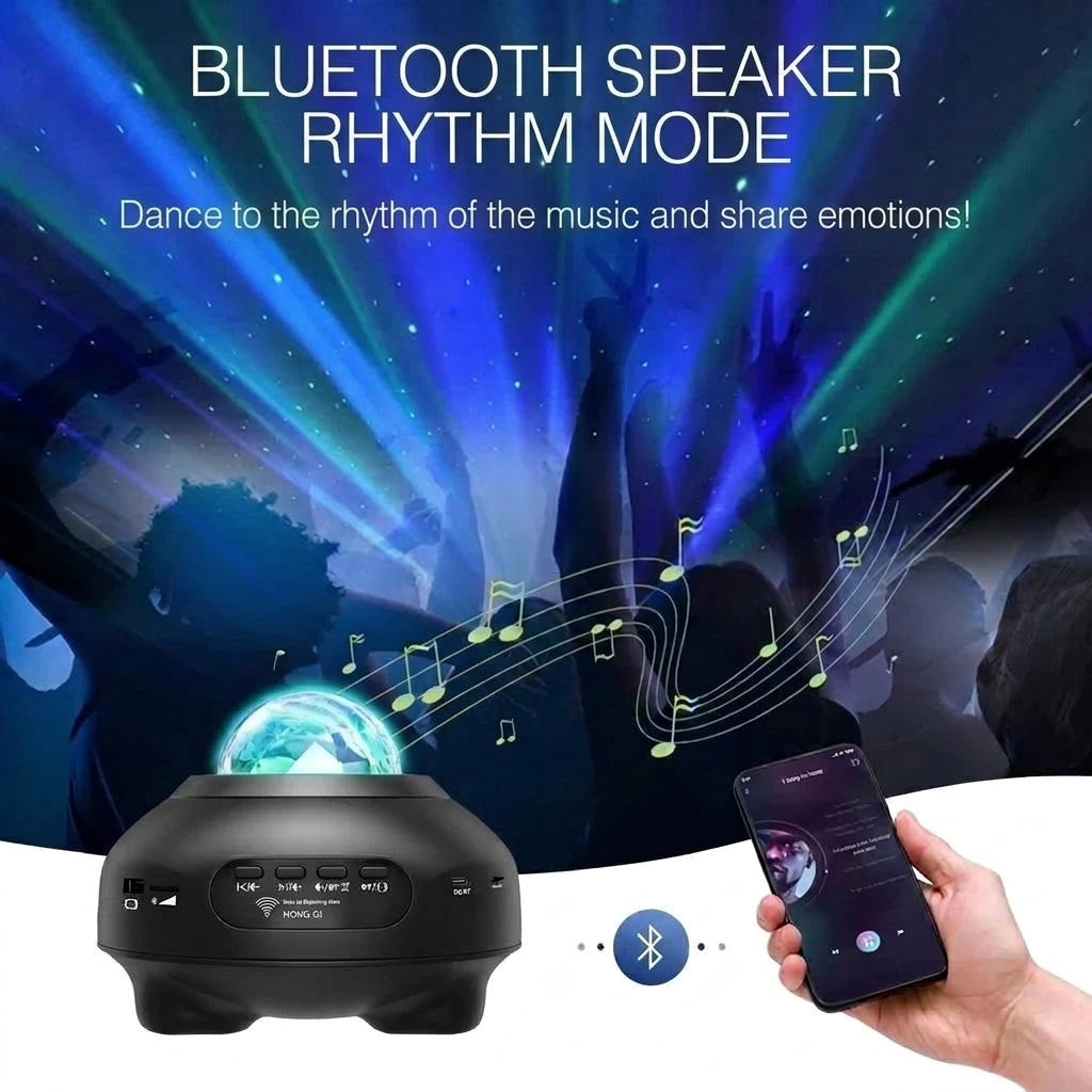 A Northern Lights projector with a Bluetooth speaker, showing a party scene with music notes and a smartphone connection.