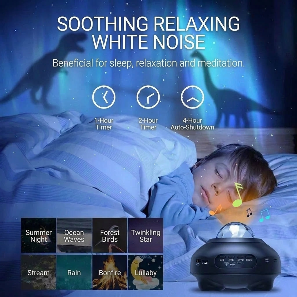 A child sleeping under a northern lights projector displaying stars and dinosaur silhouettes, with sound options listed below.