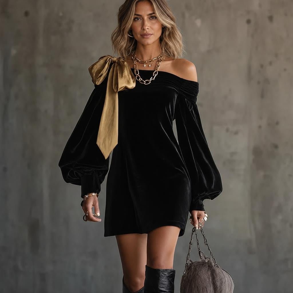 Off Shoulder Cocktail Dress – Mini with Balloon Sleeves and Bow Detail - We are MFEO