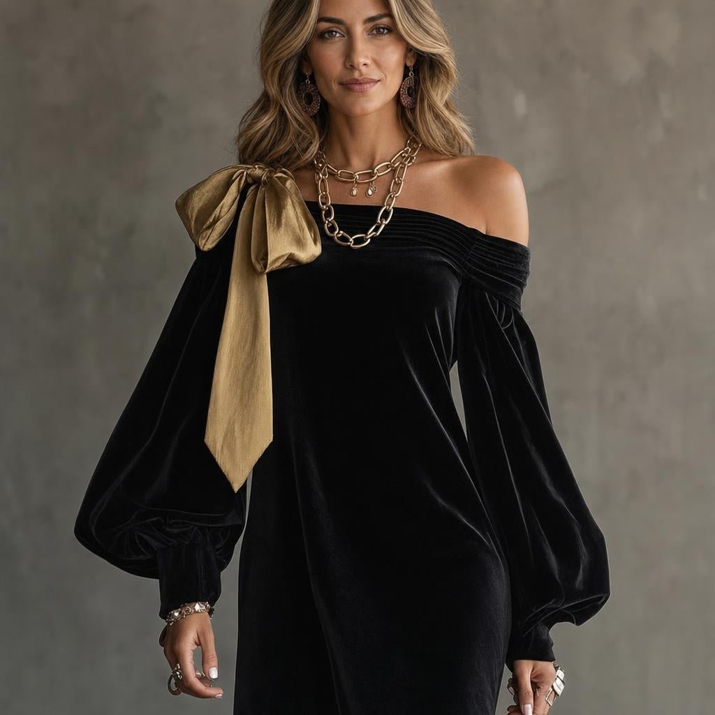 Off Shoulder Cocktail Dress – Mini with Balloon Sleeves and Bow Detail - We are MFEO