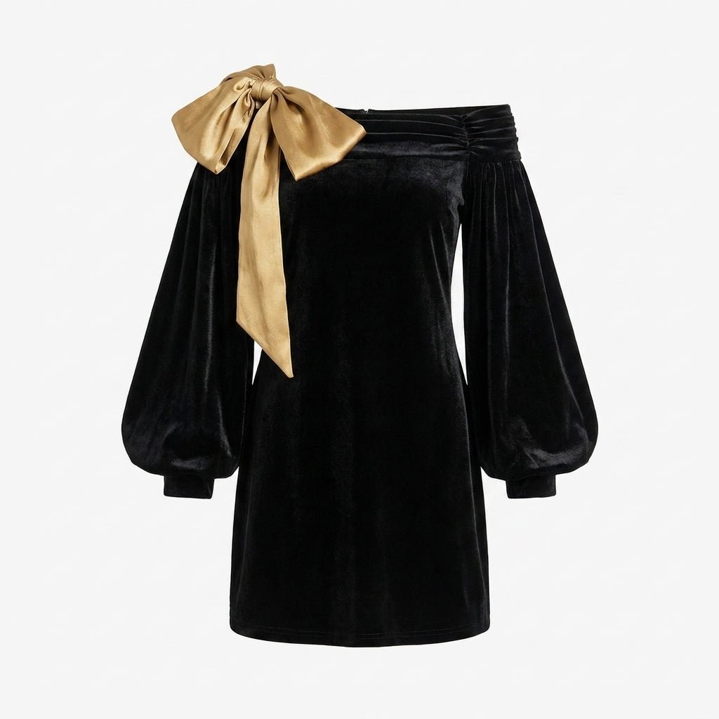 Off Shoulder Cocktail Dress – Mini with Balloon Sleeves and Bow Detail - We are MFEO