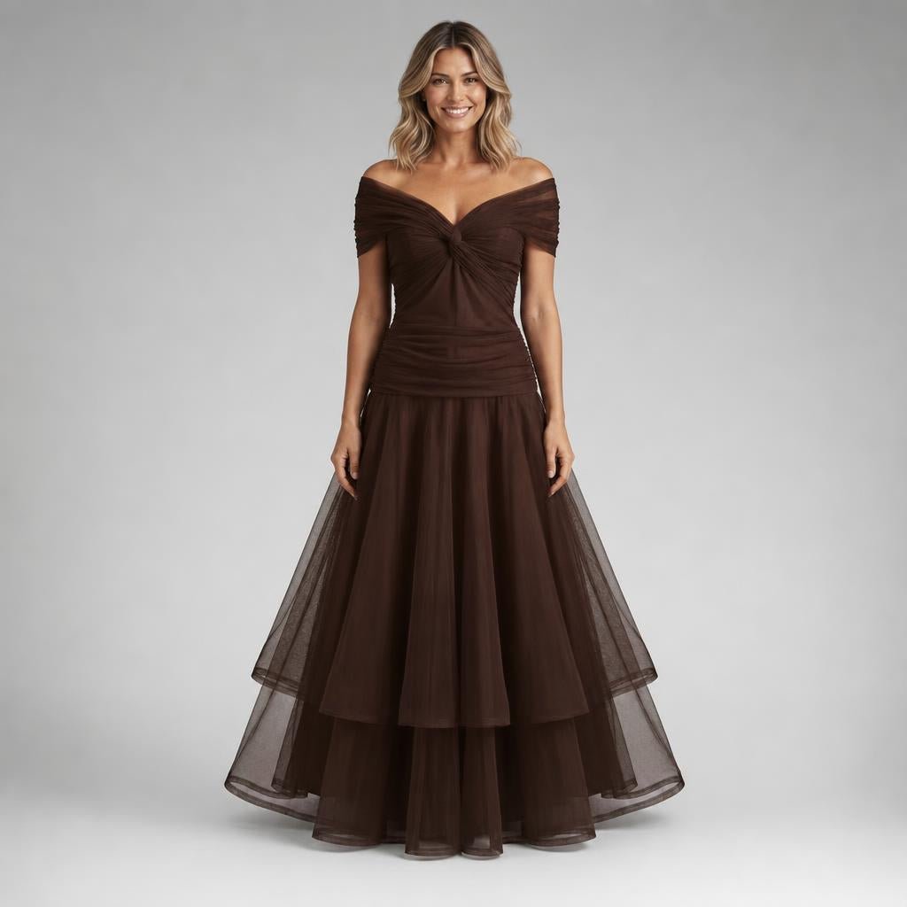 Off-Shoulder Tulle Midi Dress – Formal Cocktail Dress with Ruched Waist - We are MFEO