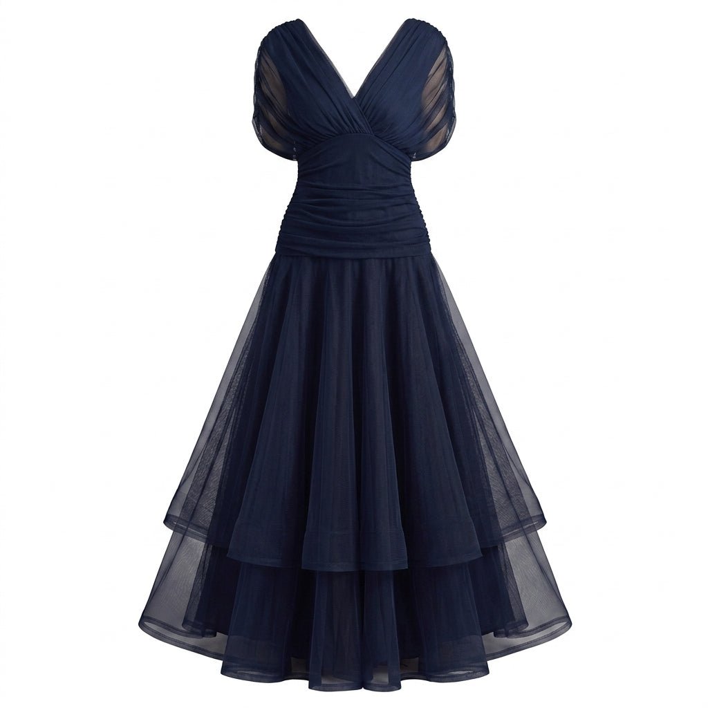 Off-Shoulder Tulle Midi Dress – Formal Cocktail Dress with Ruched Waist - We are MFEO