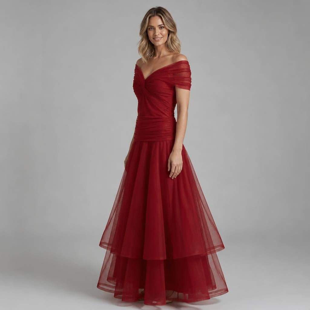 Off-Shoulder Tulle Midi Dress – Formal Cocktail Dress with Ruched Waist - We are MFEO