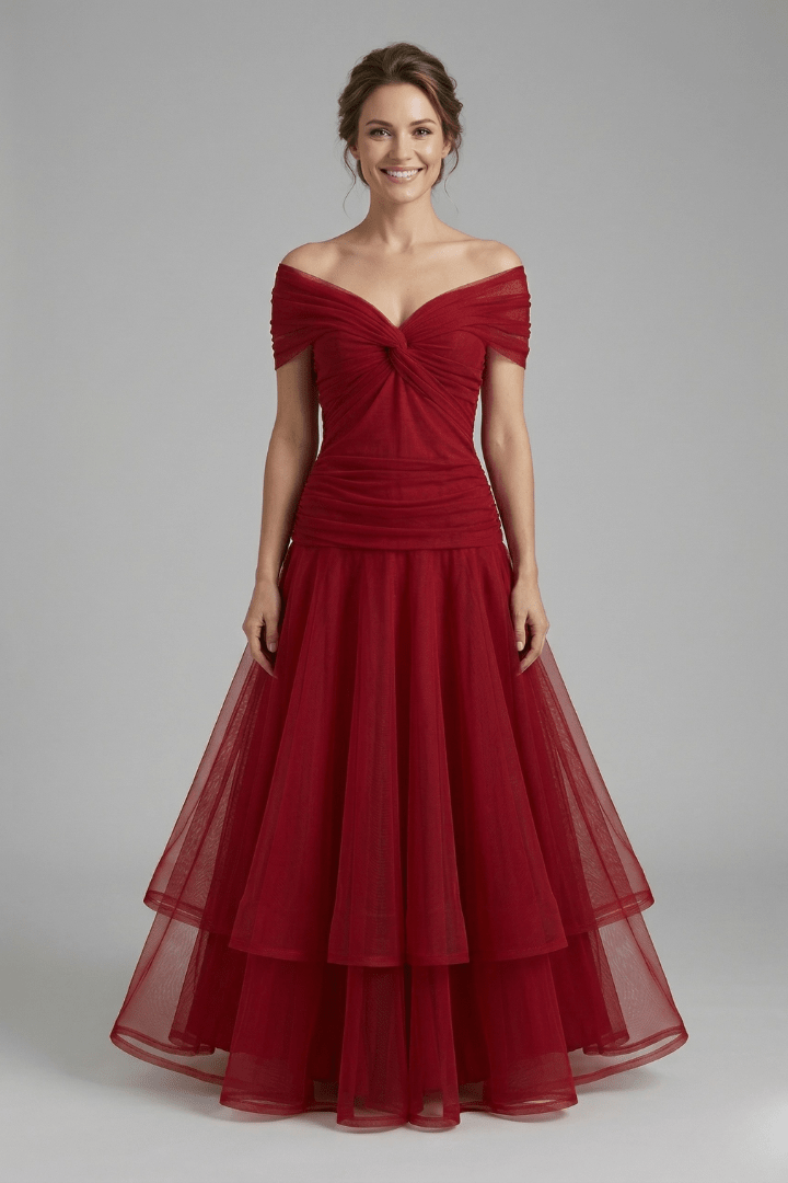 Off-Shoulder Tulle Midi Dress – Formal Cocktail Dress with Ruched Waist - We are MFEO